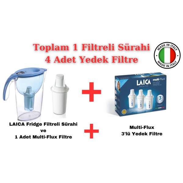 LAICA Fridge ( Mavi ) Filtreli Su Arıtmalı Filtre Sürahi 2.25LT. + LAICA Multi-Flux 3'lü Yedek Filtre